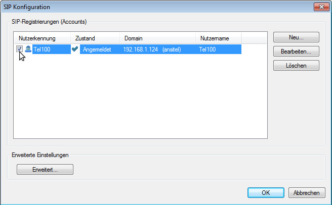 SIP-Registrierung an der ansitel Telefonanlage