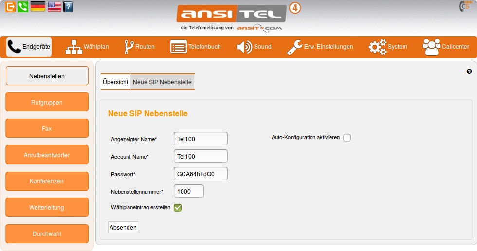 SIP-Registrierungsdaten der Nebenstelle im ansitel webinterface