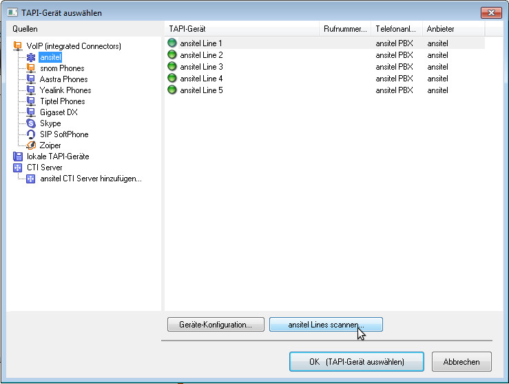 ansitel CTI Client als TAPI-Line