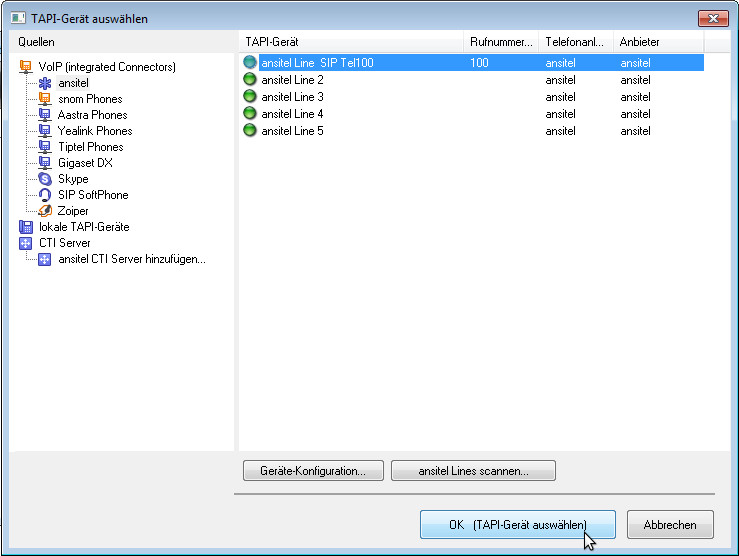 Nebenstellenzuordnung zur TAPI-Line