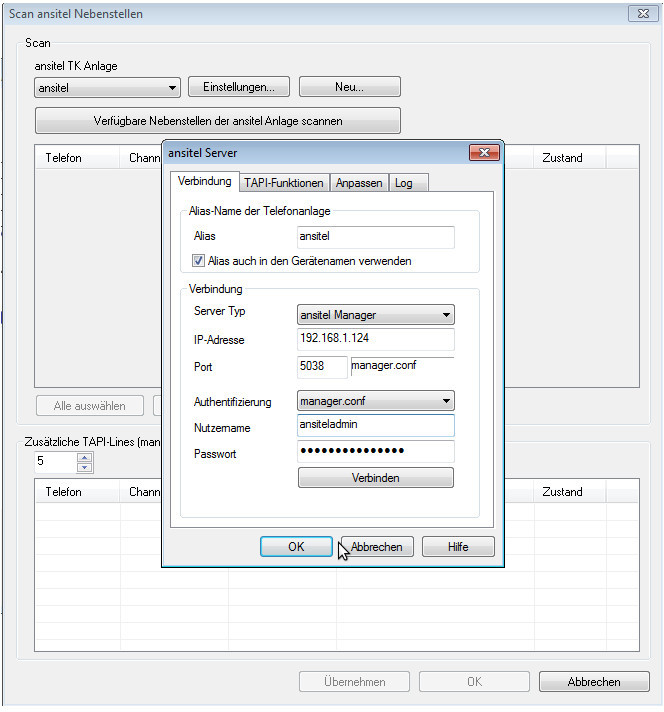Verbindungsdaten zur ansitel Telefonanlage