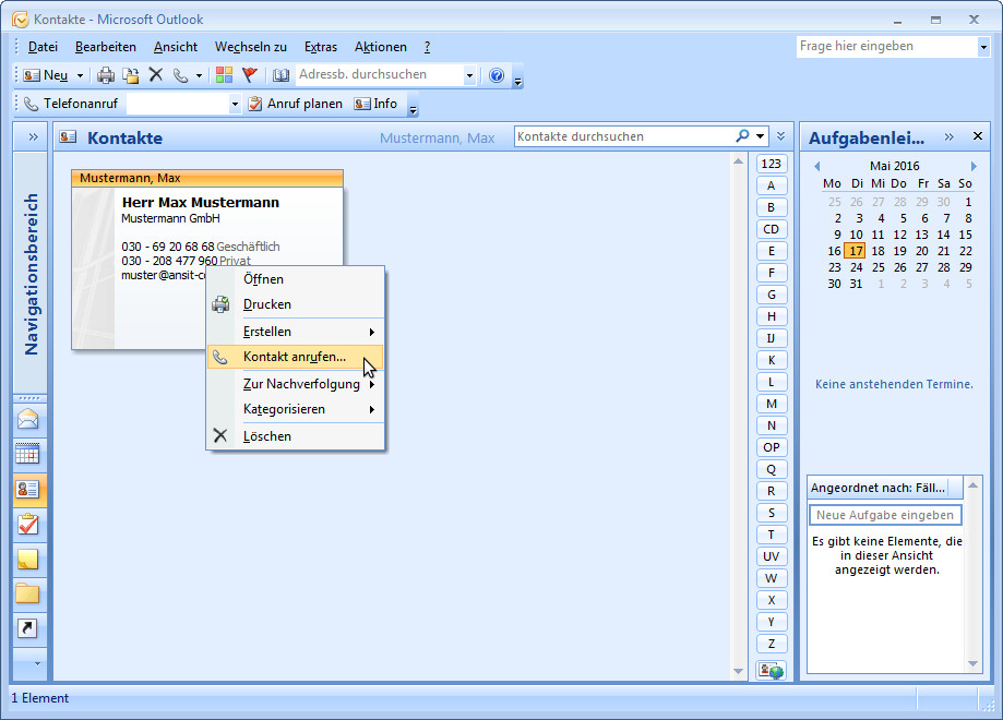 Microsoft Outlook Kontakt anrufen