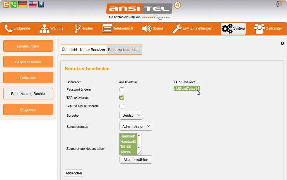 TAPI im ansitel webinterface für einen Benutzer