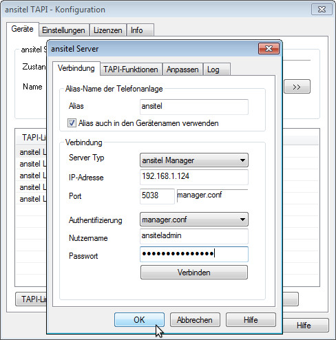 ansitel TAPI Verbindung zur ansitel Telefonanlage