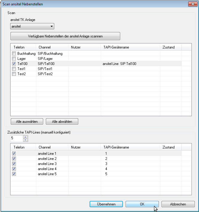 Nach Nebenstellen in der ansitel Telefonanlage scannen
und zuordnen