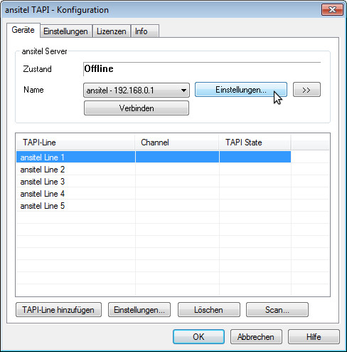 ansitel TAPI Verbindung zur ansitel und Leitungsübersicht