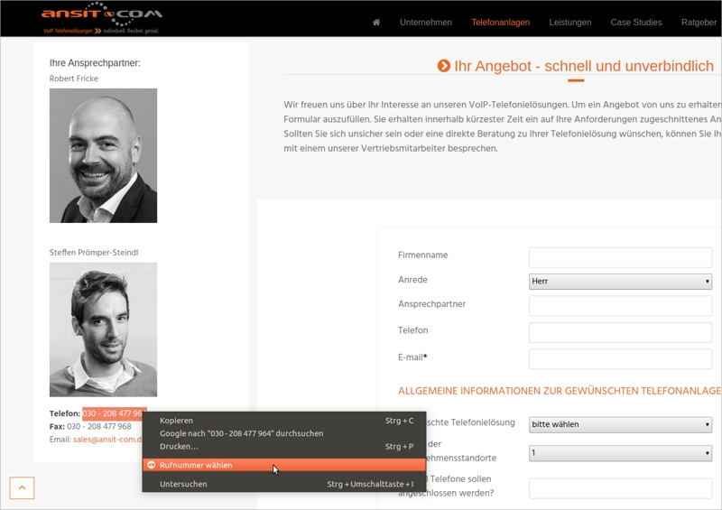 Mit ansitel Click to Dial Plugin wählen