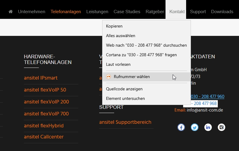 Mit ansitel Click to Dial Plugin wählen