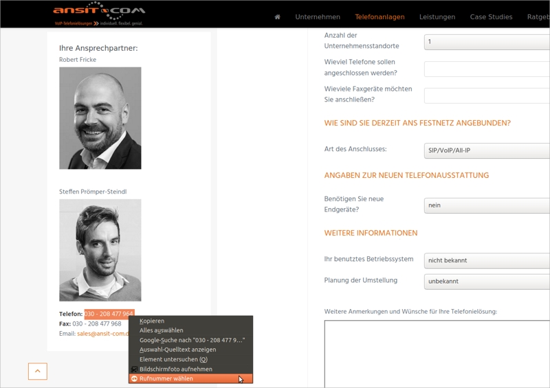 Mit ansitel Click to Dial Plugin wählen