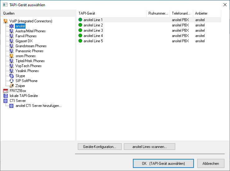 ansitel CTI Client als TAPI-Line