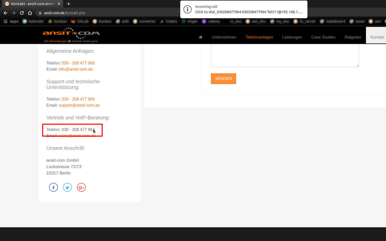 Mit ansitel Click to Dial Plugin wählen