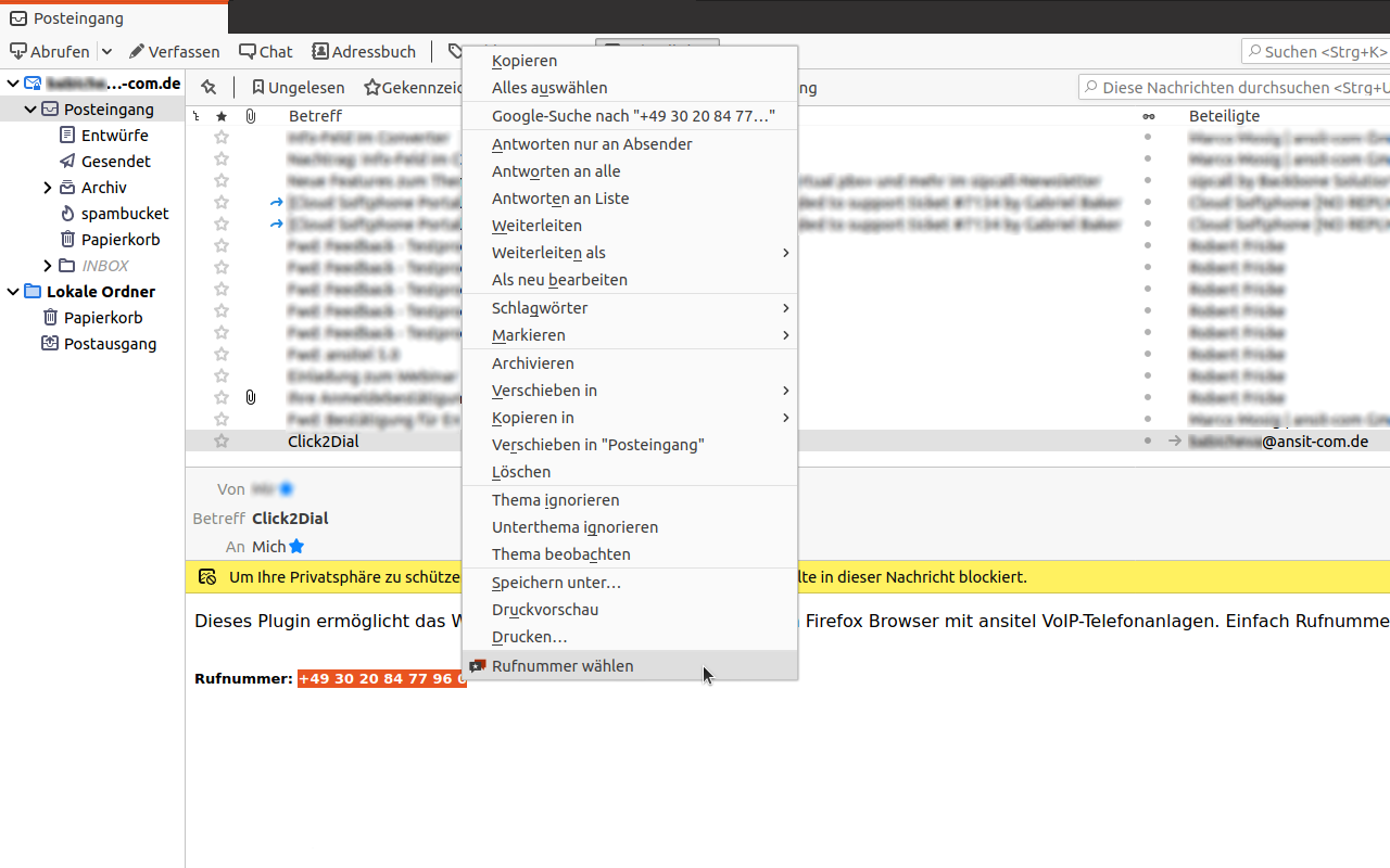 Mit ansitel Click to Dial Plugin wählen
