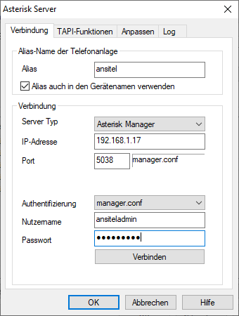 Verbindungsdaten zur ansitel Telefonanlage