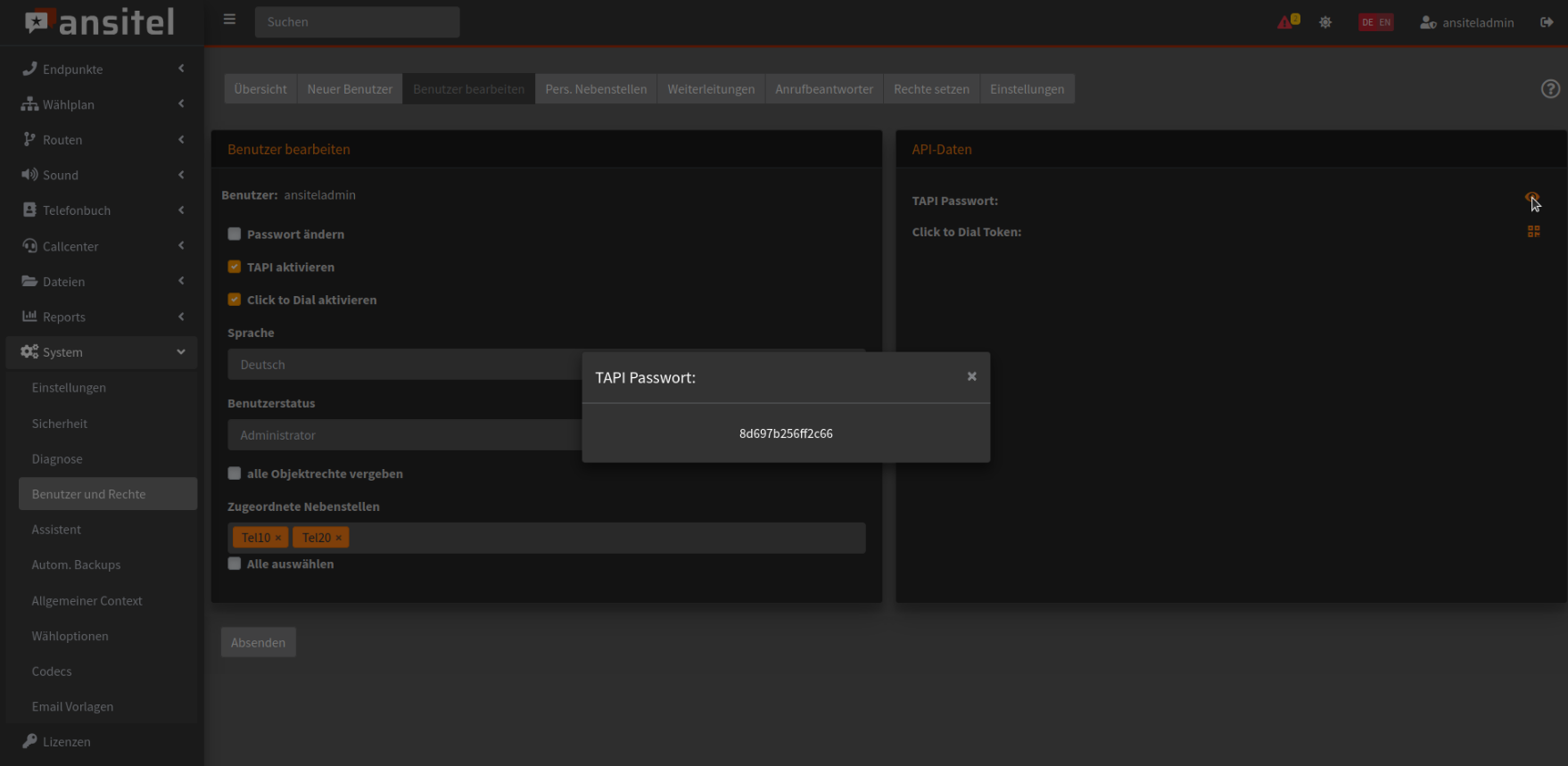 TAPI im ansitel webinterface für einen Benutzer
