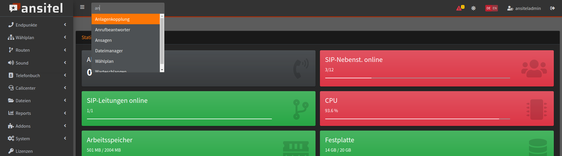 das ansitel webinterface - Suche