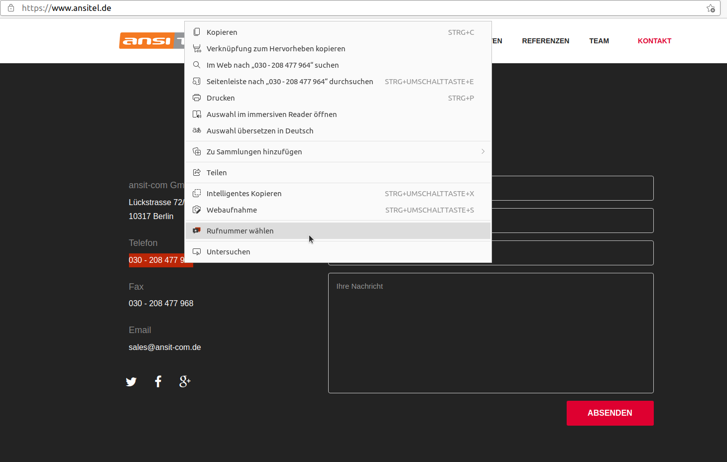 Mit ansitel Click to Dial Plugin wählen