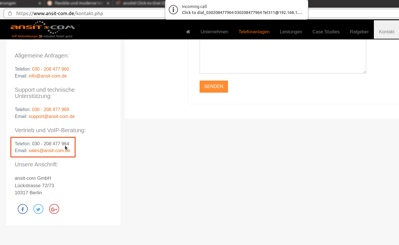 Mit ansitel Click to Dial Plugin wählen