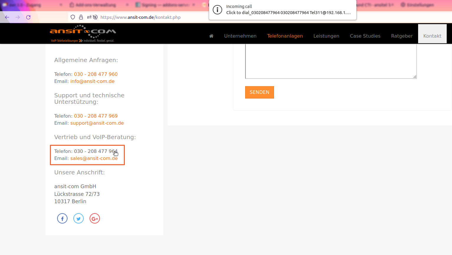 Mit ansitel Click to Dial Plugin wählen