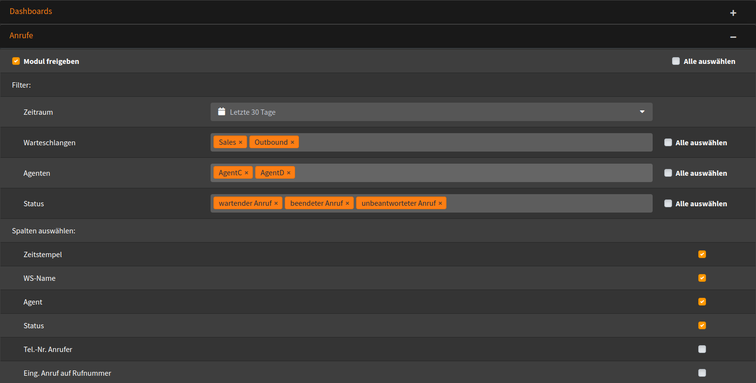 Rechte setzen: Anrufe