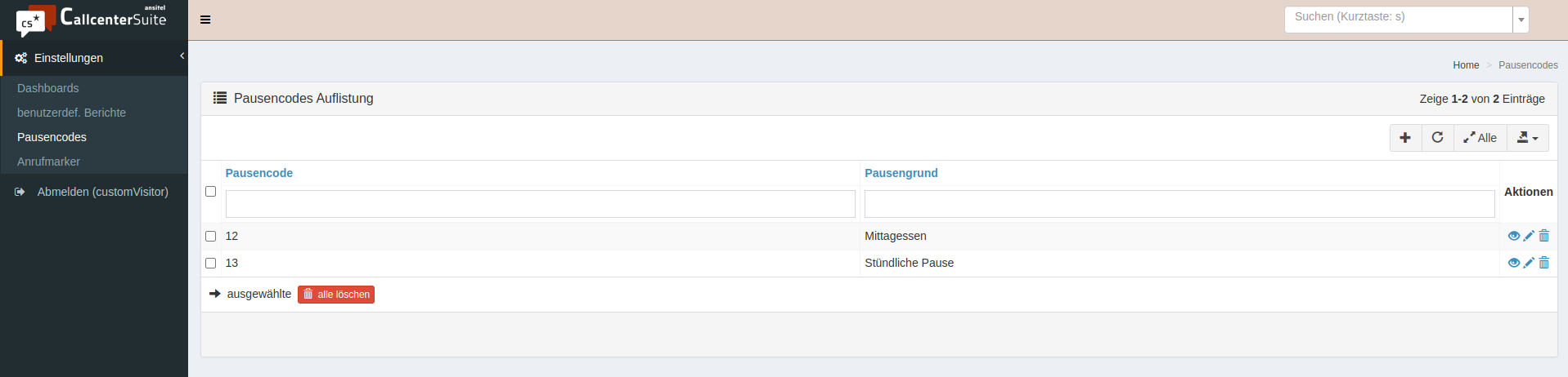 Einstellungen: Ansicht in der CallcenterSuite