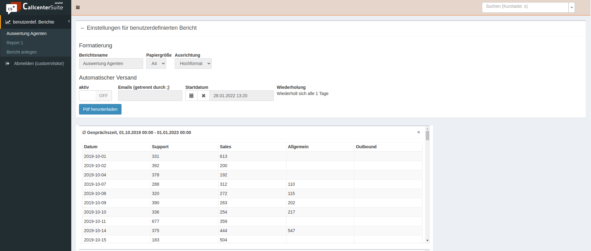 Benutzerdef. Berichte: Ansicht in der CallcenterSuite